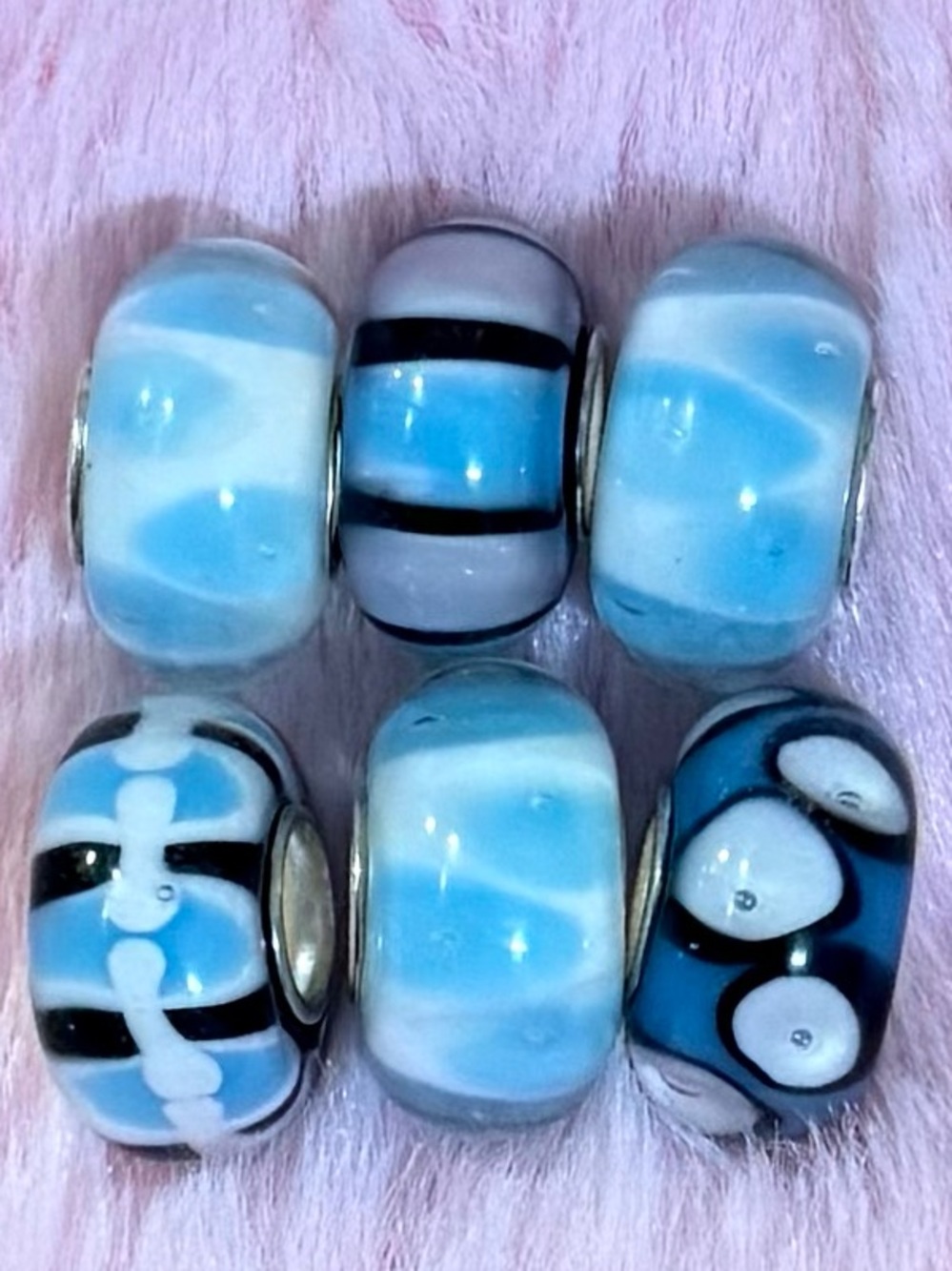 6 Blue and White Glass Murano Spacer Bead Set $10 each